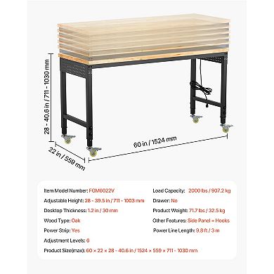 VEVOR 60-Inch Adjustable Workbench,2000 lbs Load, Work Bench with Power Outlet, Wheels, and Pegboard