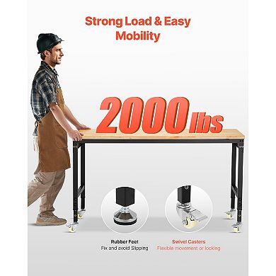 VEVOR 60-Inch Adjustable Workbench,2000 lbs Load, Work Bench with Power Outlet, Wheels, and Pegboard