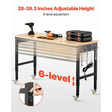VEVOR 60-Inch Adjustable Workbench,2000 lbs Load, Work Bench with Power Outlet, Wheels, and Pegboard