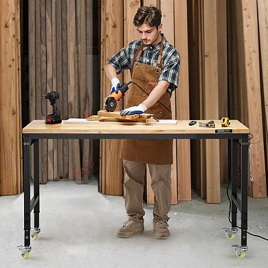 VEVOR 60-Inch Adjustable Workbench,2000 lbs Load, Work Bench with Power Outlet, Wheels, and Pegboard