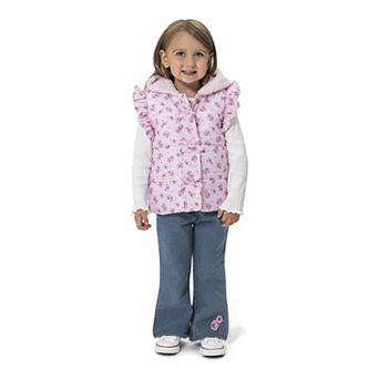 Baby & Toddler Girl Little Lass 3 pc Ruffle Puffer Vest, Long Sleeve Top & Embroidered Jeans Set