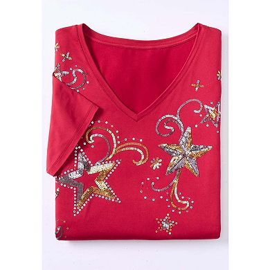 Catherines Women's Plus Size Slub Knit V-Neck Americana Tee