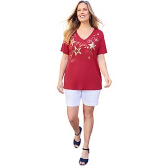 Catherines Women's Plus Size Slub Knit V-Neck Americana Tee