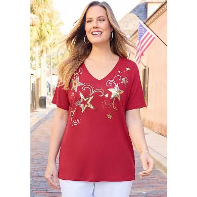 Catherines Women's Plus Size Slub Knit V-Neck Americana Tee