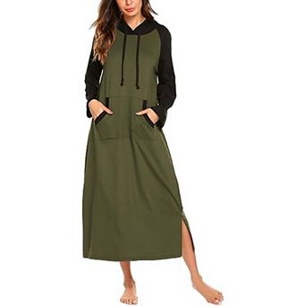 Ekouaer Nightgowns Cotton Nightgown Hooded Nightgown Contrast Color Full Length with Pocket