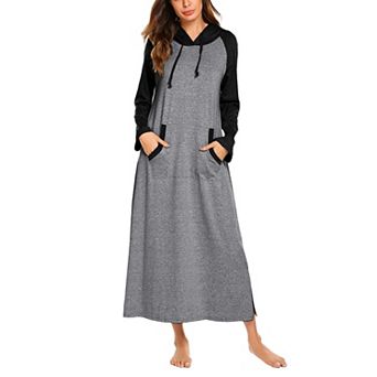 Ekouaer Nightgowns Cotton Nightgown Hooded Nightgown Contrast Color Full Length with Pocket