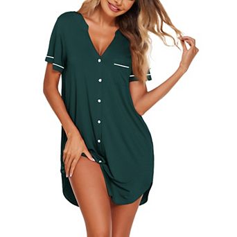 Ekouaer Nightgowns Button Down Night Gowns Short Sleeve Sleep Shirt V Neck Nightshirt Pajamas Dress