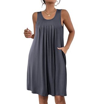 Ekouaer Night Gowns for Adult Womens Round Neck Sleep Shirts Pockets Night Shirts Pleated Front