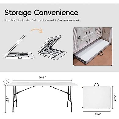 6ft White Plastic Folding Table, HDPE Portable & Foldable for Party, Meeting and Outdoor Use