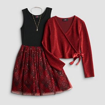Girls 7-16 IZ Byer Long Sleeve Wrap Front Dress with Printed Mesh Skirt & Necklace