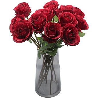 12 pc Silk Red Roses, Artificial Flower Bouquet for Home & Wedding Decor