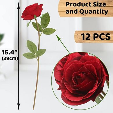 12-Piece Silk Red Roses, Artificial Flower Bouquet for Home & Wedding Decor
