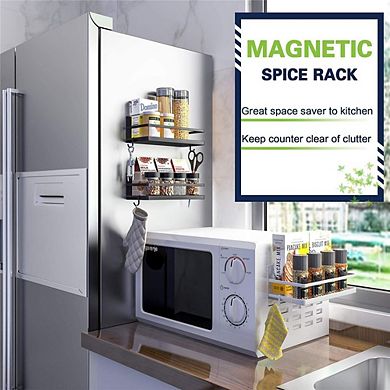 2-Pack Magnetic Spice Rack Shelf with Hooks, Space-Saving Kitchen Organizer
