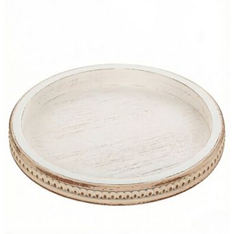 Round Wooden Decorative Tray: White Washed Bead Tray Decor for Coffee Table Centerpiece Rustic