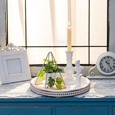Round Wooden Decorative Tray: White Washed Bead Tray Decor for Coffee Table Centerpiece Rustic