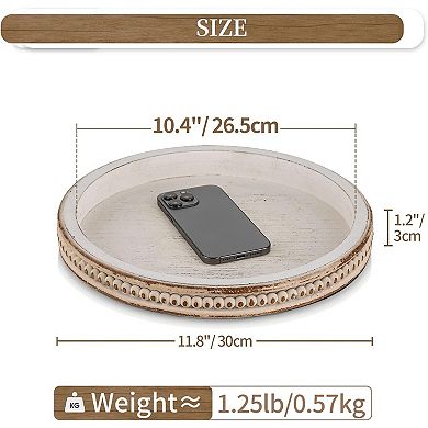 Round Wooden Decorative Tray: White Washed Bead Tray Decor for Coffee Table Centerpiece Rustic