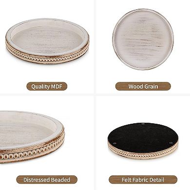 Round Wooden Decorative Tray: White Washed Bead Tray Decor for Coffee Table Centerpiece Rustic