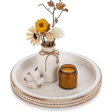Round Wooden Decorative Tray: White Washed Bead Tray Decor for Coffee Table Centerpiece Rustic