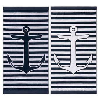 SUPERIOR Egyptian Cotton Striped Anchor 2 pc Beach Towel Set