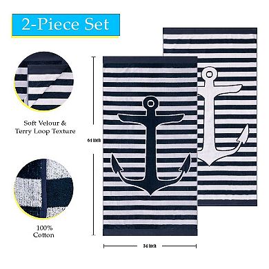SUPERIOR Egyptian Cotton Striped Anchor 2-Piece Beach Towel Set