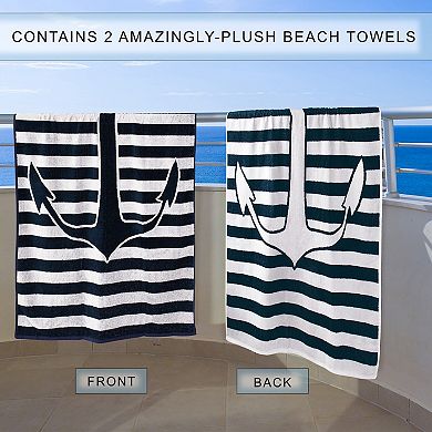 SUPERIOR Egyptian Cotton Striped Anchor 2-Piece Beach Towel Set