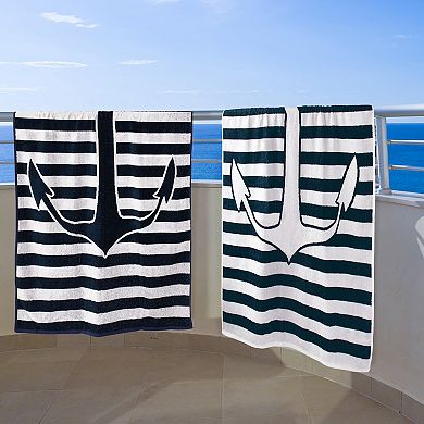 SUPERIOR Egyptian Cotton Striped Anchor 2-Piece Beach Towel Set