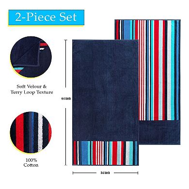 SUPERIOR Cotton Nautical Stripe 2-Piece Beach Towel Set