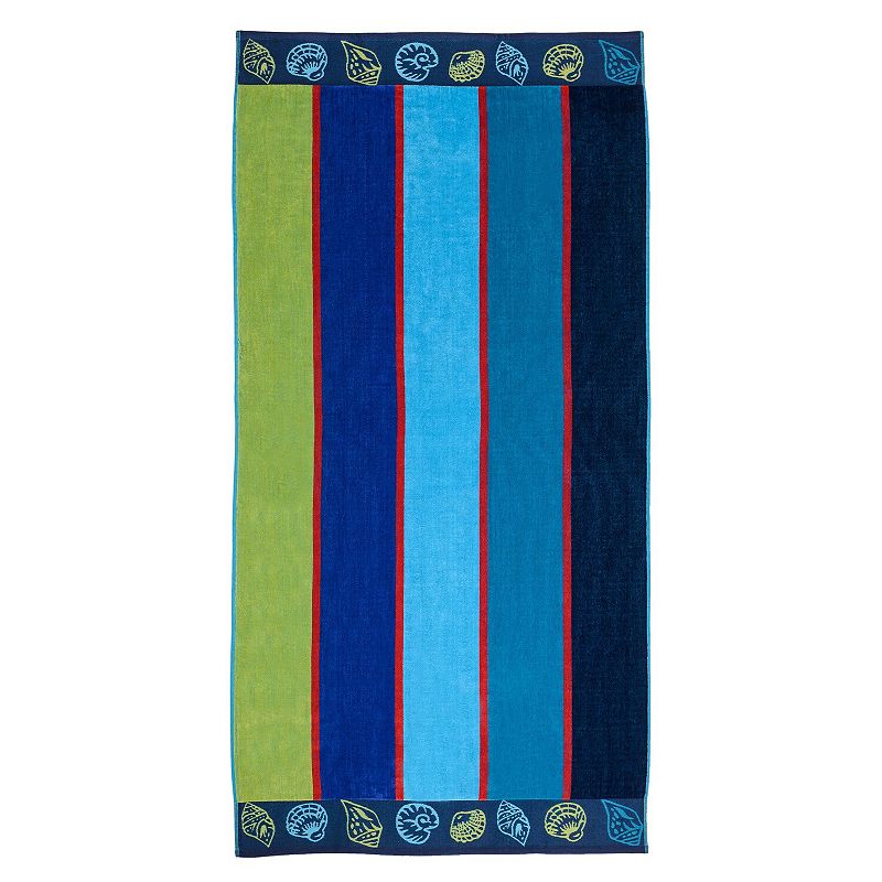 SUPERIOR Coastal Striped Sea Shell Border Lightweight Beach Towel, Shells Blue