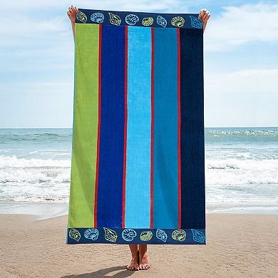 SUPERIOR Coastal Striped Sea Shell Border Lightweight Beach Towel