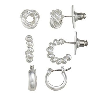 Napier 3-Pair Silver Tone Hoop & Stud Earring Set