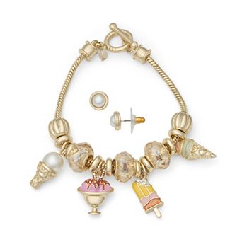 Napier Gold Tone Elevated Ice Cream Charm Bracelet & Stud Earring Set