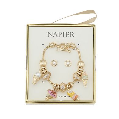 Napier Gold Tone Elevated Ice Cream Charm Bracelet & Stud Earring Set