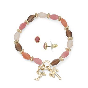 Napier Gold Tone Elevated Flamingo Stretch Bracelet & Stud Earring Set