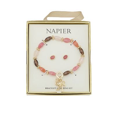 Napier Gold Tone Elevated Flamingo Stretch Bracelet & Stud Earring Set