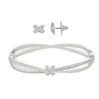 Napier Silver Tone Elevated X-Bangle & Stud Earring Set