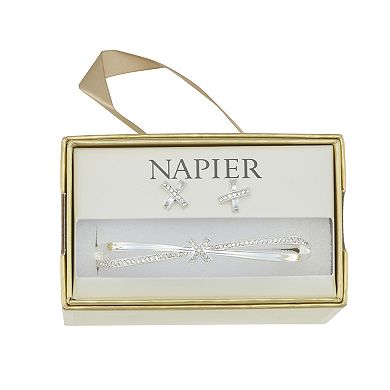 Napier Silver Tone Elevated X-Bangle & Stud Earring Set