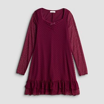 Girls 7-16 Sea + Skye Velvet Binding Dress with Long Sleeves & Ruffle Hem
