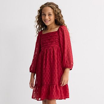 Girls 7-16 Speechless Clip Chiffon Dress with Smocked Bodice & Long Sleeves