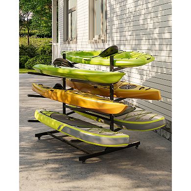 Freestanding 3-Tier Double-Sided Kayak Rack, 6-Boat Heavy Duty Canoe Organizer