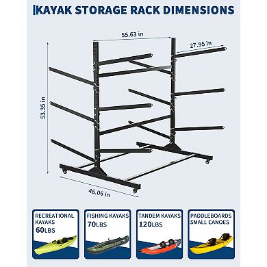 Freestanding 3-Tier Double-Sided Kayak Rack, 6-Boat Heavy Duty Canoe Organizer