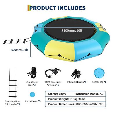 10FT Inflatable Water Trampoline, Heavy Duty Floating Swim Platform and Bouncer