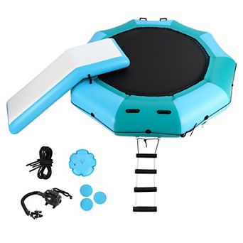 10FT Inflatable Water Trampoline with Slide, Floating Lake Bouncer