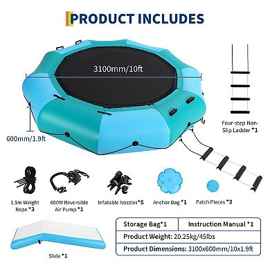 10FT Inflatable Water Trampoline with Slide, Floating Lake Bouncer