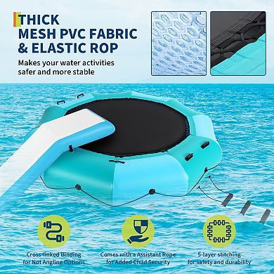 10FT Inflatable Water Trampoline with Slide, Floating Lake Bouncer