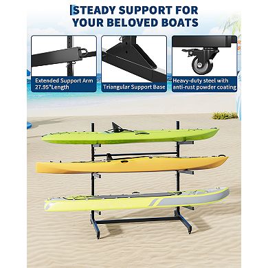 Freestanding 3-Tier Single-Sided Kayak Storage Rack, Heavy Duty Paddle Board Organizer