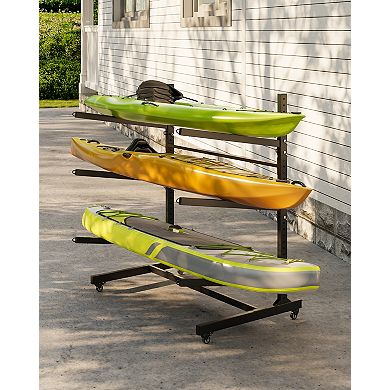 Freestanding 3-Tier Single-Sided Kayak Storage Rack, Heavy Duty Paddle Board Organizer