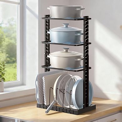 Adjustable Pots and Pans Organizer Rack for Cabinet with Lid Holder Heavy Duty Black