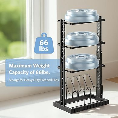 Adjustable Pots and Pans Organizer Rack for Cabinet with Lid Holder Heavy Duty Black
