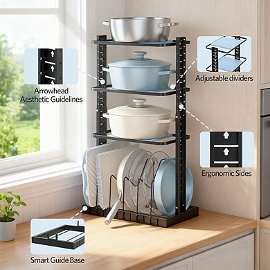 Adjustable Pots and Pans Organizer Rack for Cabinet with Lid Holder Heavy Duty Black