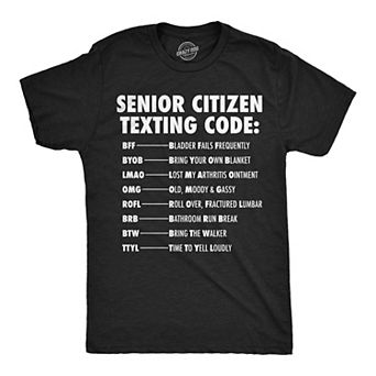 Mens Funny T Shirts Senior Citizen Texting Code Sarcastic Elderly Graphic Novelty Tee for Men